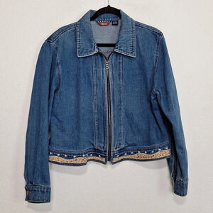 Agapo Oversized Vintage Americana USA Flag Floral Baggy Boho Denim Jacket Size L